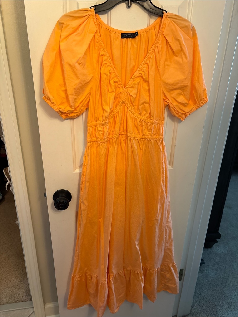 Vineyard Vines Orange Puff-Sleeve Midi Dress